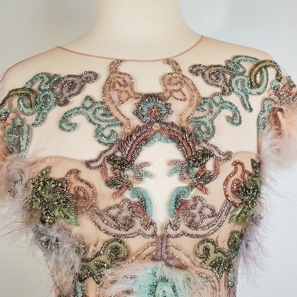 Marchesa RARE Feather Embroidered Cocktail Dress Runway Fits Like 2 - Picture 4 of 10
